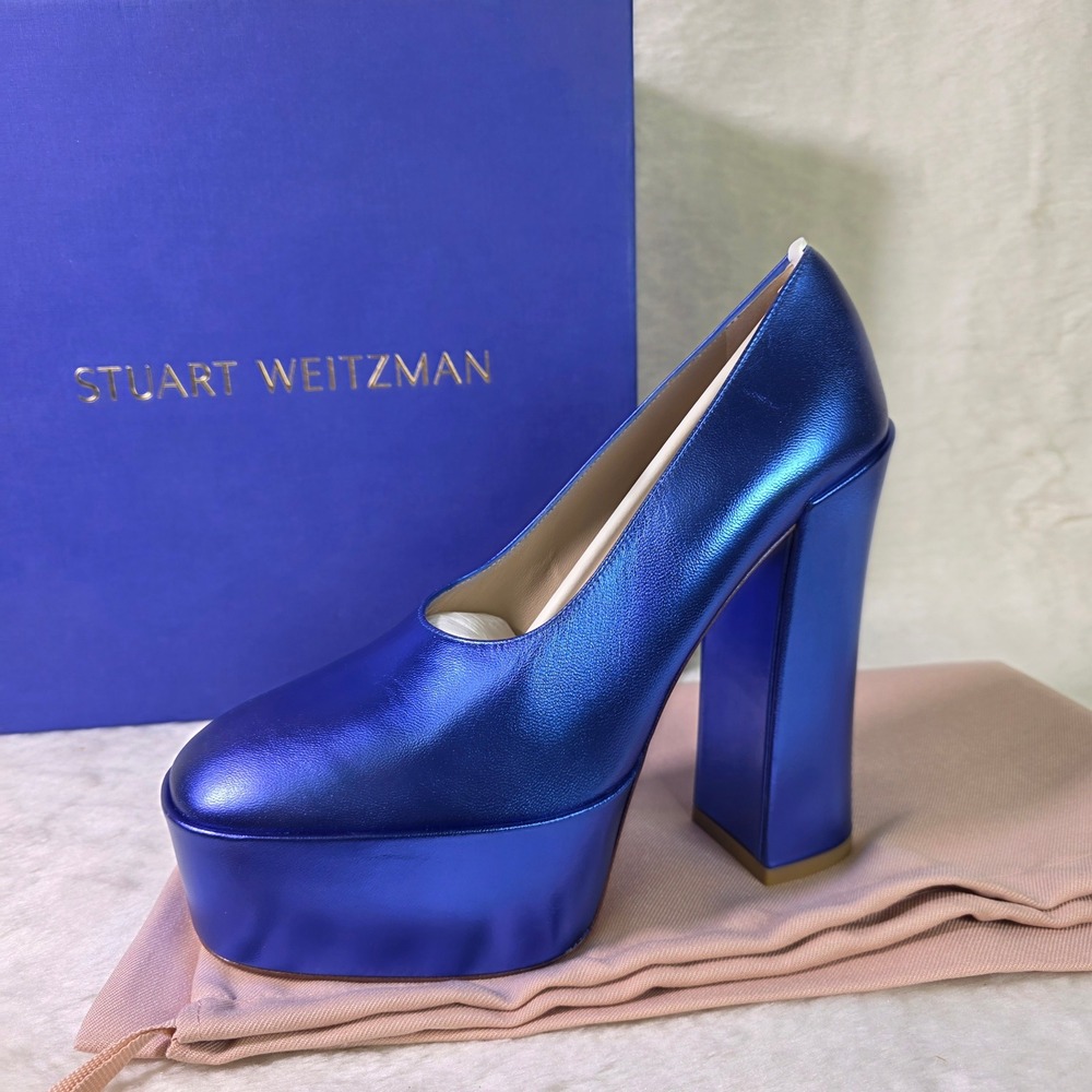 Stuart Weitzman Skyhigh 145 Platform Pump Blue Metallic Leather Womens 8.5 NEW